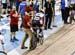 Zach Bell holds Michael Foley before the start of the Omnium Scratch Race 		CREDITS:  		TITLE: Track World Cup Milton 2018 		COPYRIGHT: ROB JONES/CANADIAN CYCLIST
